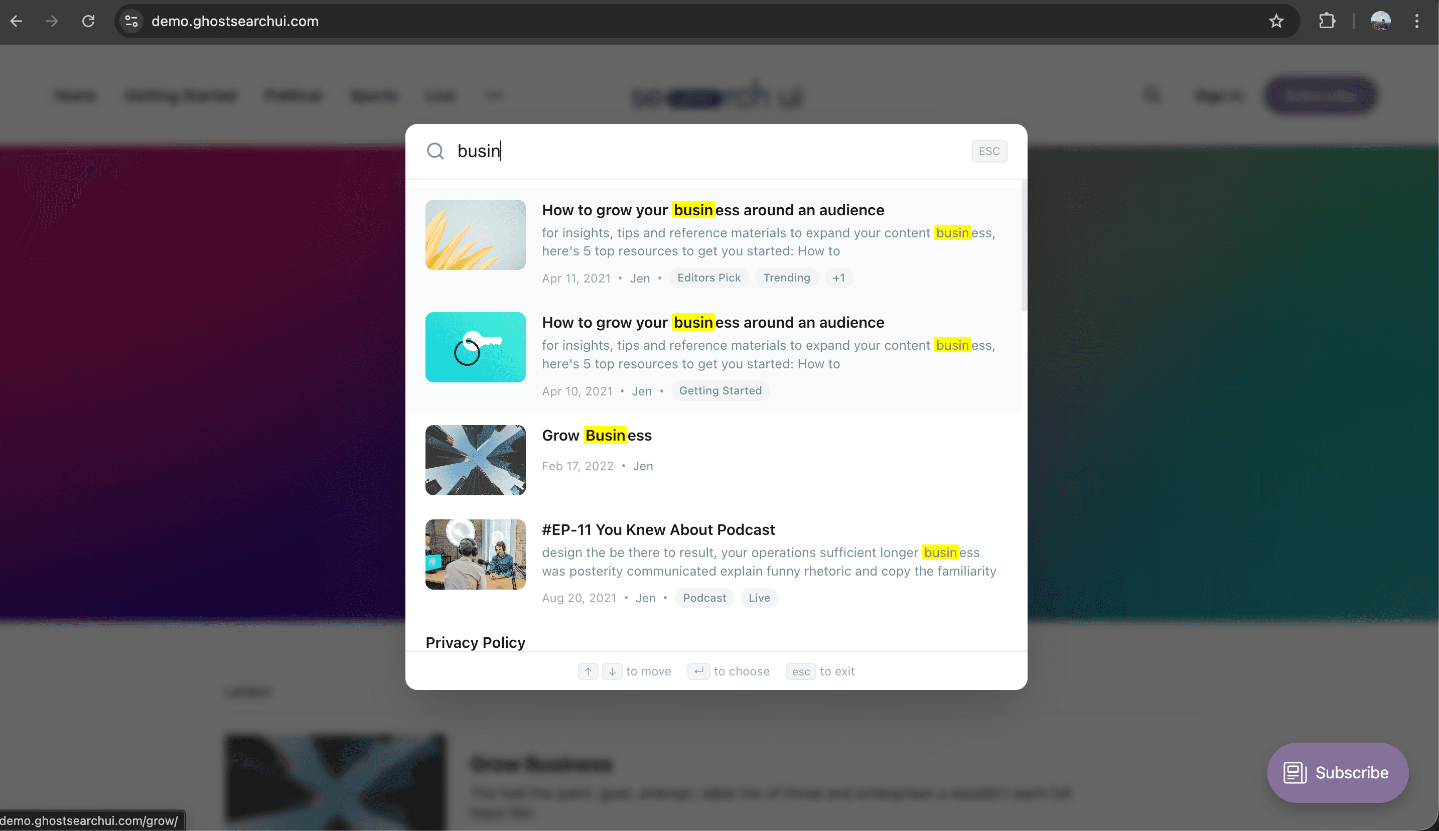 Ghost Search UI in action